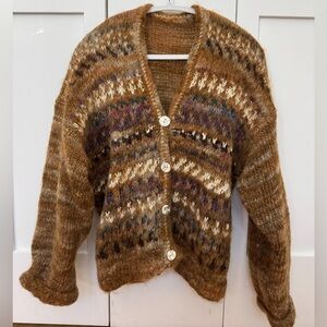 Vintage Mohair Cozy Brown Patterned Women's Cardigan with Ceramic Buttons